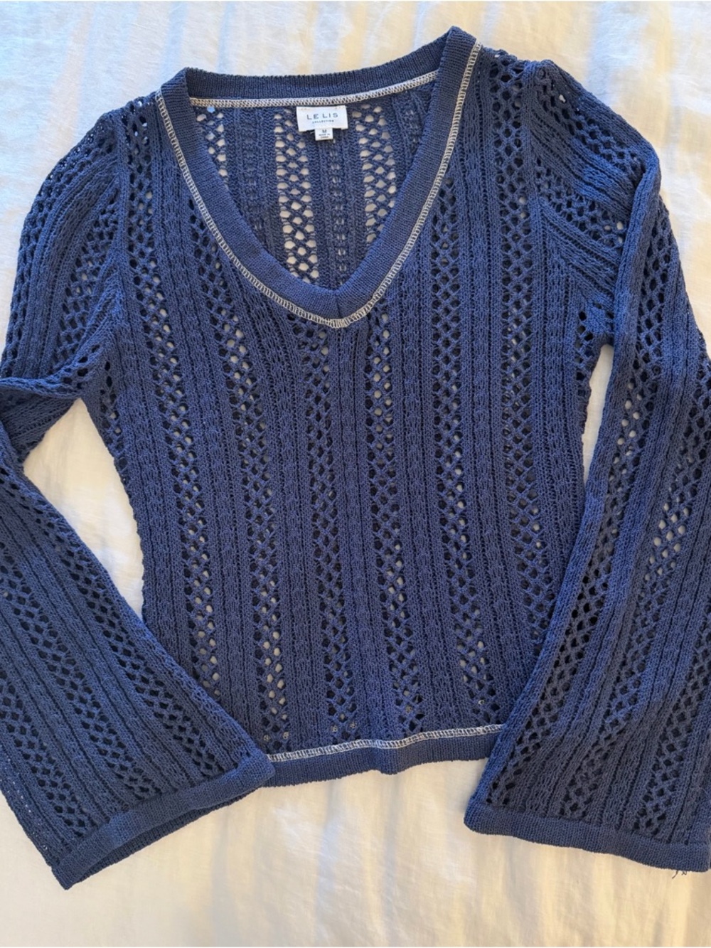 Le Lis Navy Open-Knit V-Neck Sweater with Contrast Trim
